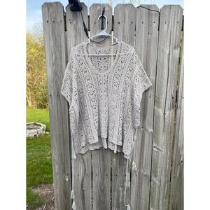 Boho Crochet Knit V-Neck Poncho Top with Side Tassels Taupe Large